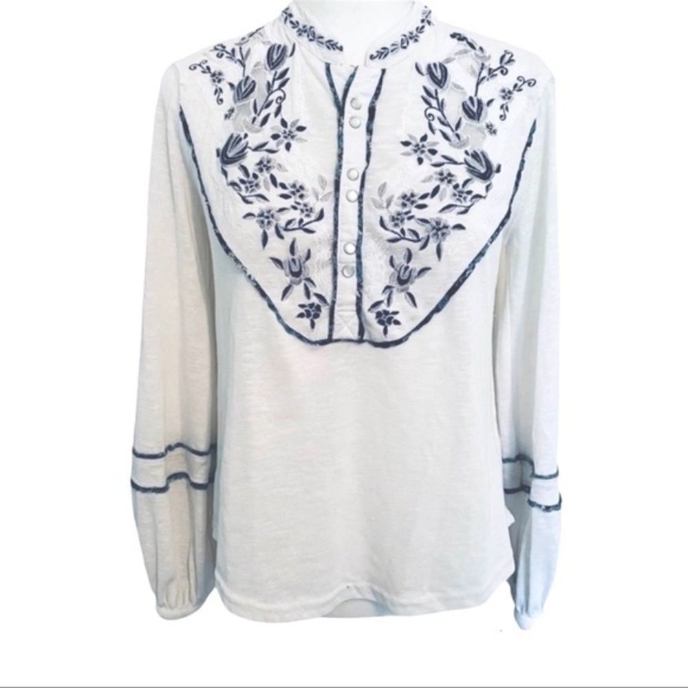 Free People White Embroidered Puff Sleeve Shirt